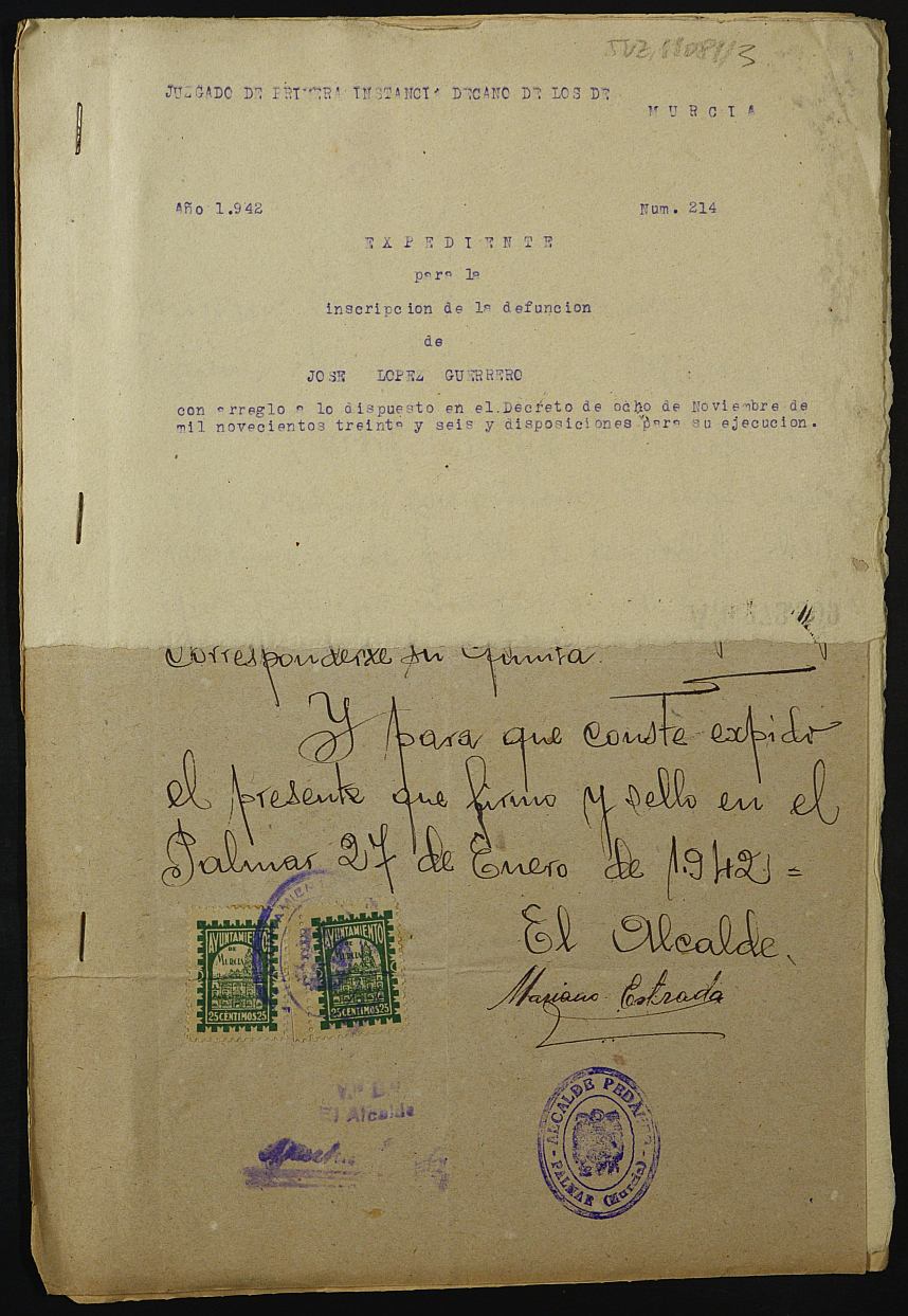 Expediente nº 214/1942 del Juzgado de Primera Instancia de Murcia para la inscripción en el Registro Civil por la defunción en el frente de José López Guerrero.